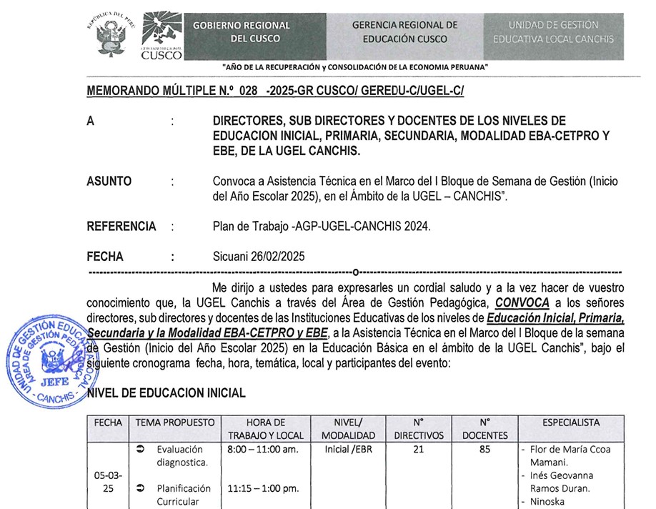 Convoca a Asistencia Técnica en el Marco del I Bloque de Semana de Gestión (Inicio del Año Escolar 2025), en el Ámbito de la UGEL - CANCHIS”.